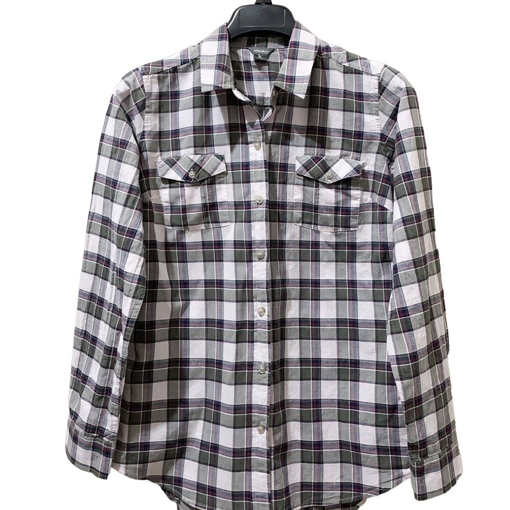 Eddie Bauer‎ Shirt Women Small S Lightweight Button-Up Green White Long Sleeves